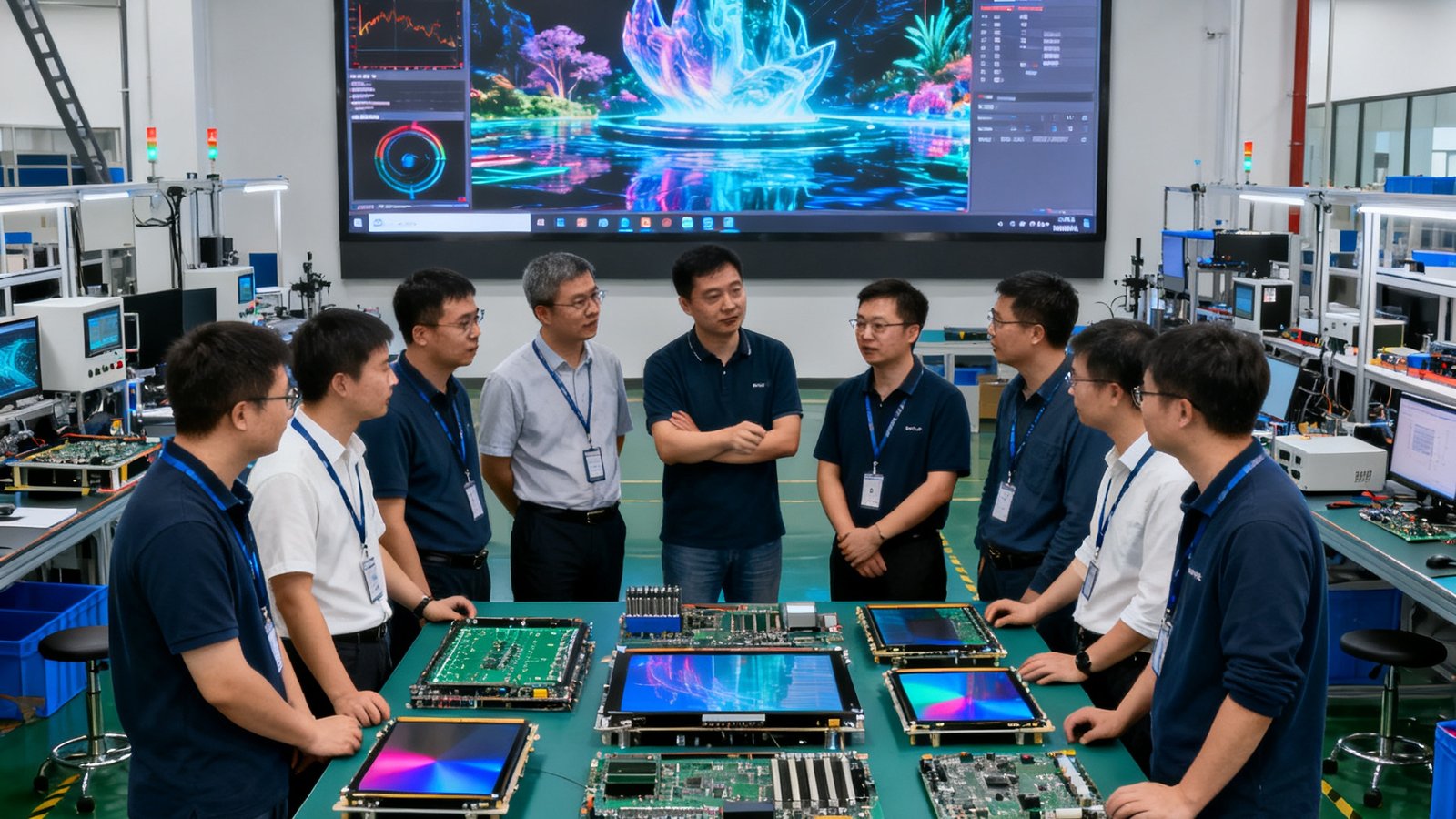 PA国际厅平台成都总部研发中心团队在组装测试车间内的合影，背景是一块正在调试中的大型裸眼3D显示屏，工程师们围在工作台前讨论技术方案，车间内摆放着各类显示模组和检测仪器，体现了团队的专业实力与研发投入。