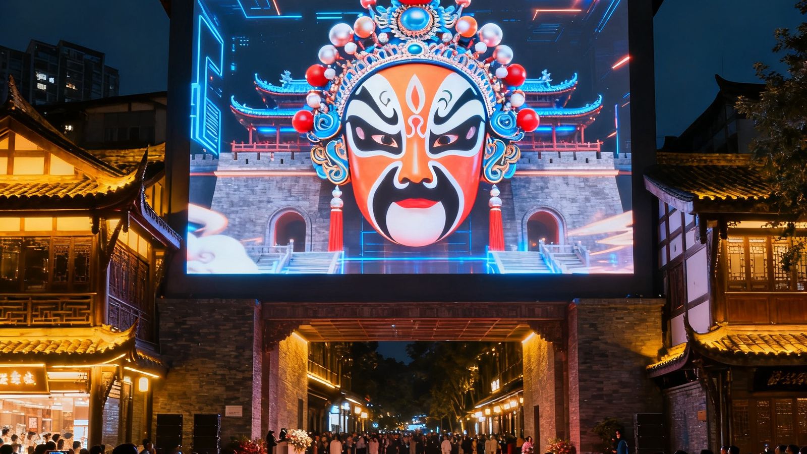 成都宽窄巷子入口处新建的裸眼3D大屏在夜晚亮灯仪式上的画面，屏幕播放着川剧变脸元素的3D动画，古色古香的街区建筑与现代科技屏幕形成鲜明对比，吸引了大量市民和游客驻足围观。