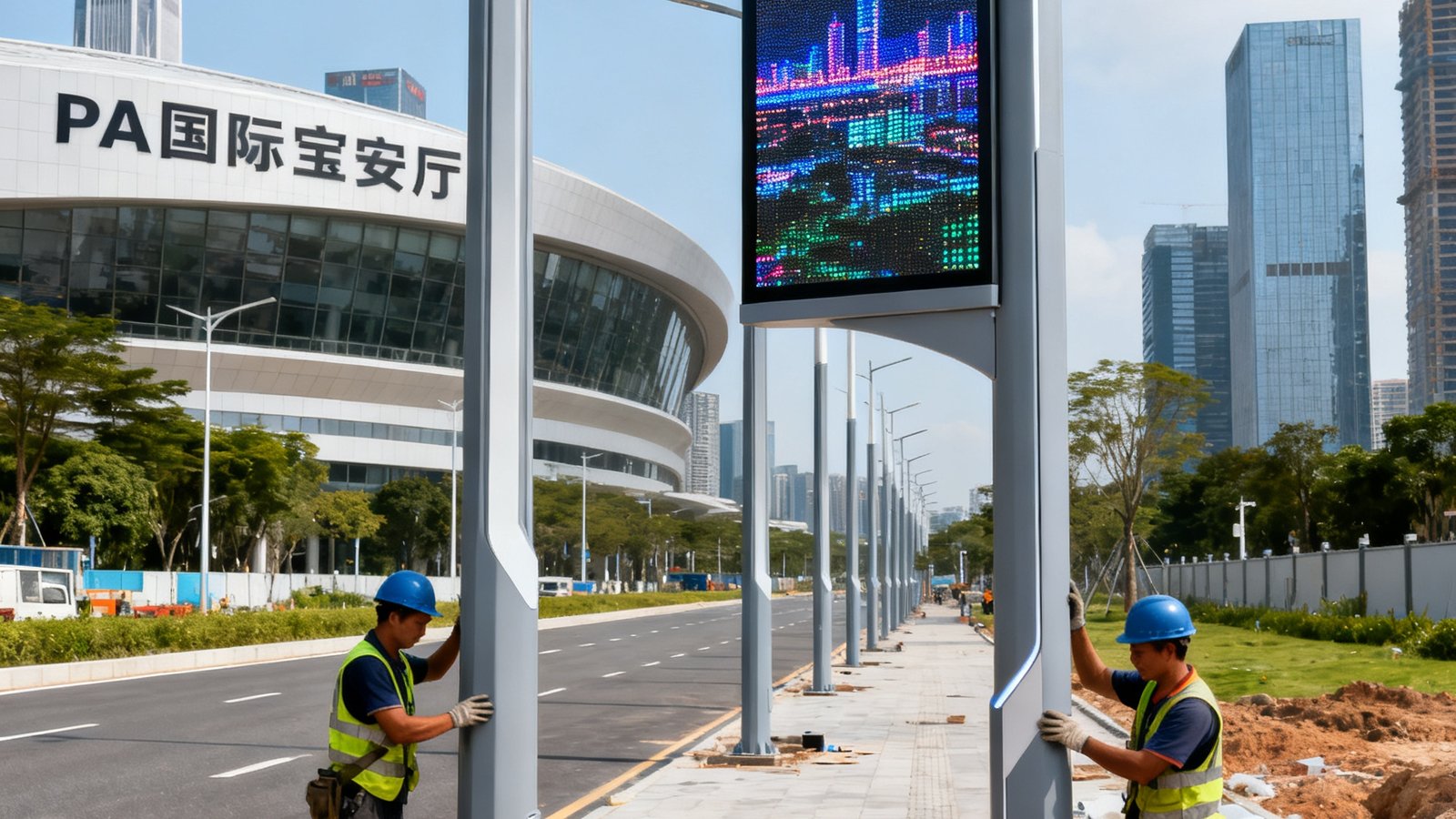 PA国际厅在深圳宝安区批量安装智慧灯杆屏的施工现场，工人们正在将集成LED显示屏的灯杆逐一竖立在道路两侧，灯杆外观简洁现代，与宝安中心区的城市风貌协调统一。