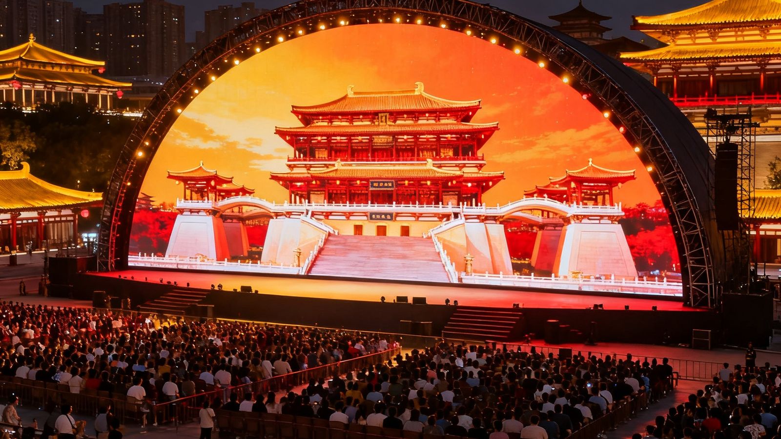 PA国际厅为西安大唐不夜城一场大型户外演出搭建的弧形LED背景屏幕，屏幕在夜色中显示着辉煌的唐代宫殿画面，与周围仿古建筑群相得益彰，现场观众席座无虚席。