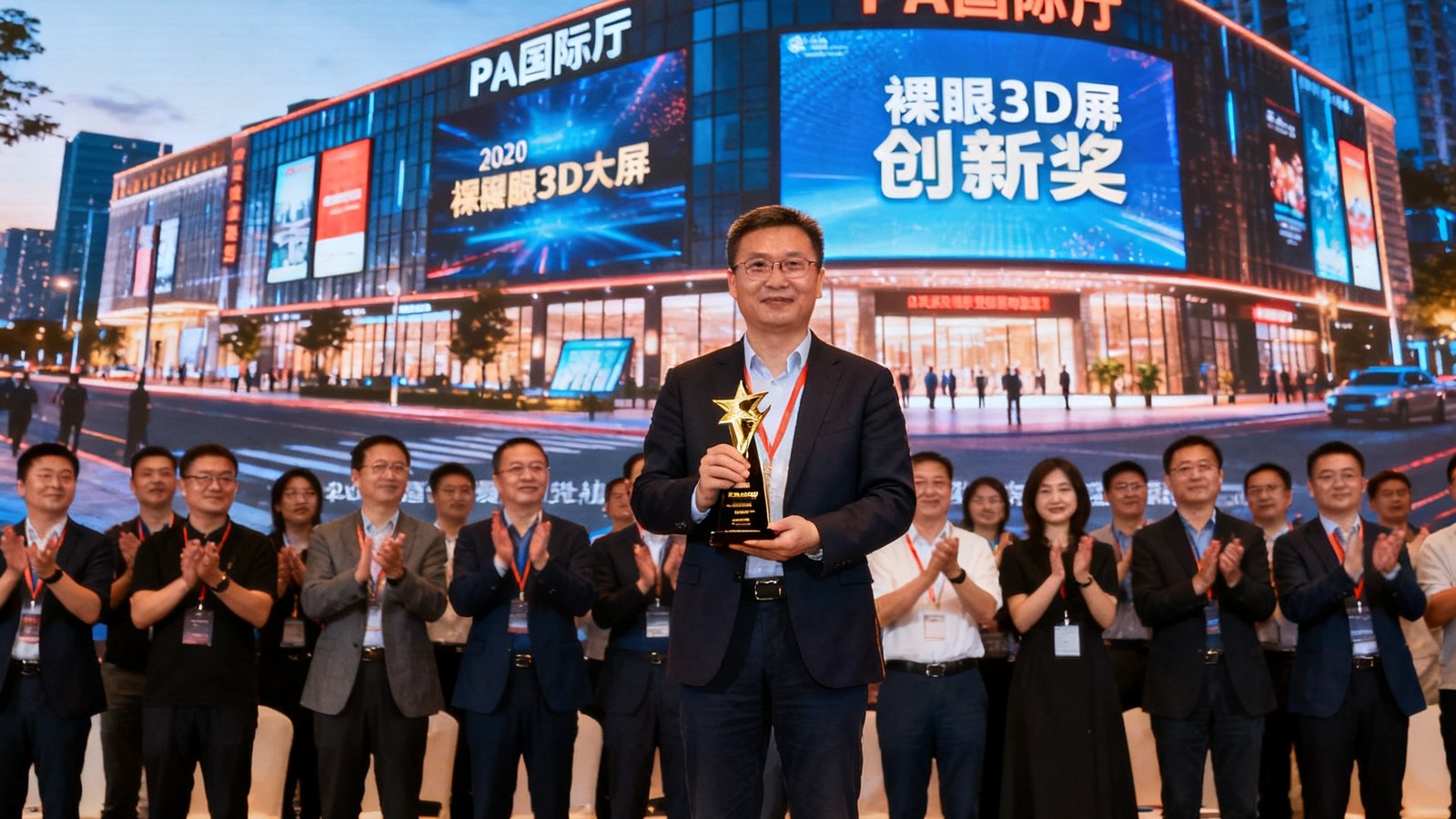 PA国际厅代表在2025中国户外显示行业峰会颁奖典礼上捧起创新奖奖杯的瞬间，背景大屏幕上显示着PA国际厅的裸眼3D大屏项目案例，现场嘉宾鼓掌祝贺。