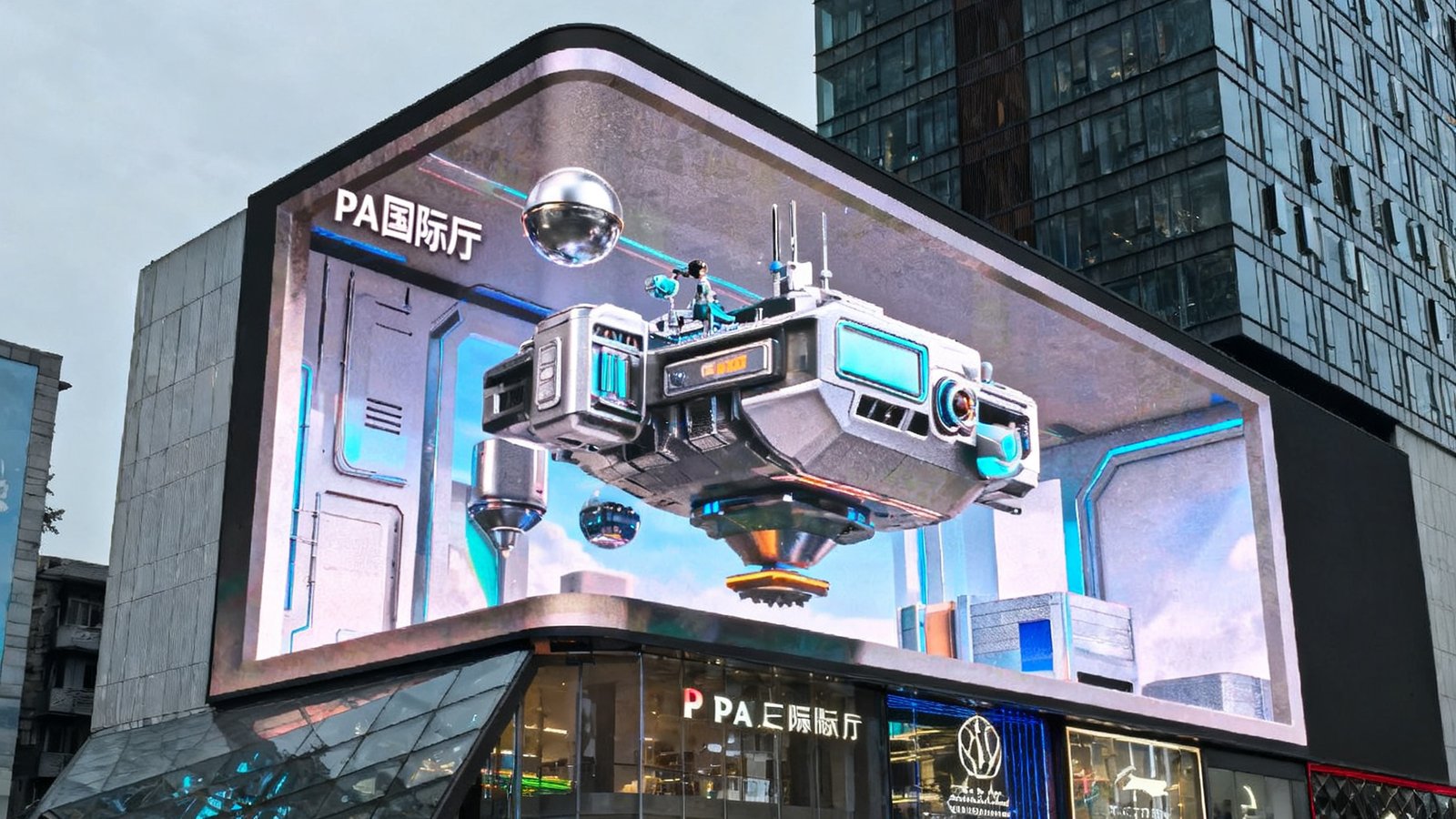 PA国际厅平台在成都春熙路核心商圈打造的裸眼3D大屏实拍画面，屏幕高悬于商业建筑外立面，播放着立体悬浮的动画内容，下方行人纷纷驻足拍照，成为城市网红打卡地标。