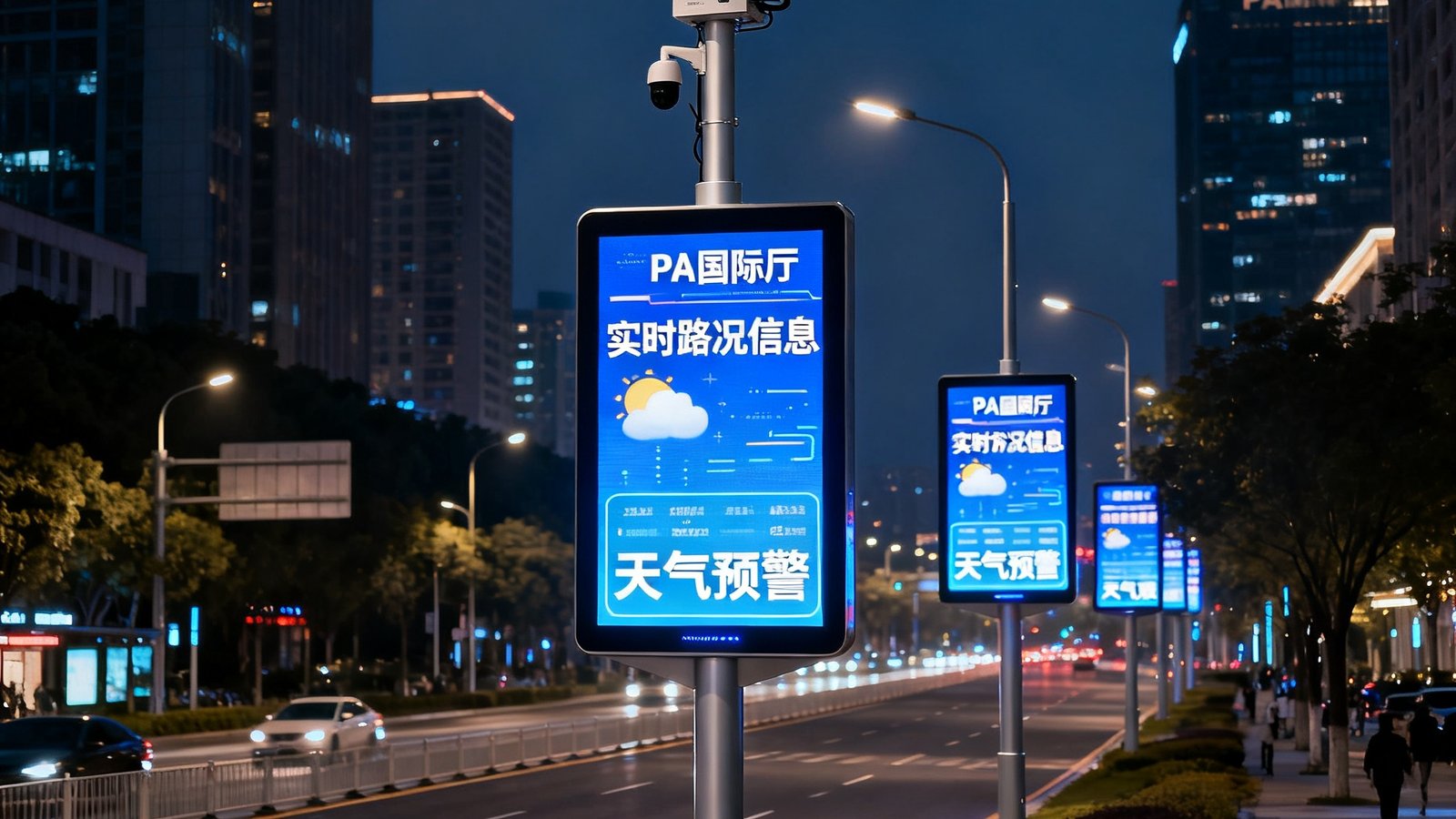 PA国际厅智慧灯杆屏安装在城市主干道两侧的灯杆上，屏幕在夜间清晰显示实时路况信息与天气预警，灯杆顶部集成5G微基站和环境传感器，整体设计简洁利落，与城市街景融为一体。
