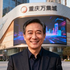 重庆万象城商业综合体项目负责人张总经理的头像照片，一位穿着深色西装面带微笑的中年男士，背景是万象城建筑外观与裸眼3D大屏的合影。