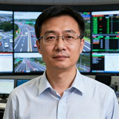 成都市交通管理局科技信息处项目对接人李主任的头像，一位戴着眼镜表情专业的男士，身后是交通指挥大厅的监控屏幕墙。