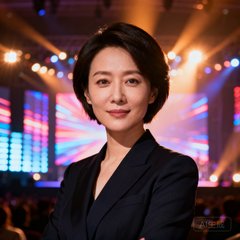 广州某大型演唱会主办方代表陈女士的头像，一位短发干练的女性，背景是演唱会现场绚丽的舞台灯光和LED屏幕。